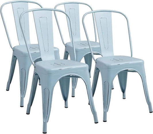 Furmax Metal Dining Chair Indoor Outdoor Use Stackable Chic Side Classic Trattoria Metal Chairs Set of 4 for Kitchen, Dining Room, Bistro and Cafe (Distressed Blue)