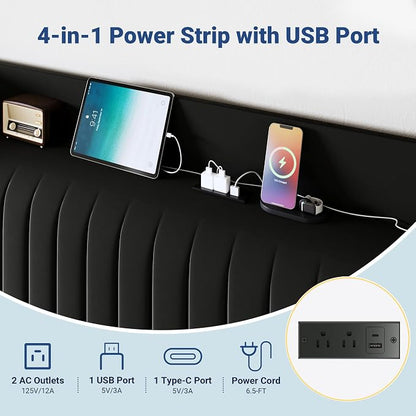 Allewie King Size Platform Bed Frame with USB Charging Station and Storage Shelf/Upholstered Velvet Wingback Headboard/Wooden Slats Support/No Box Spring Needed/Easy Assembly, Black