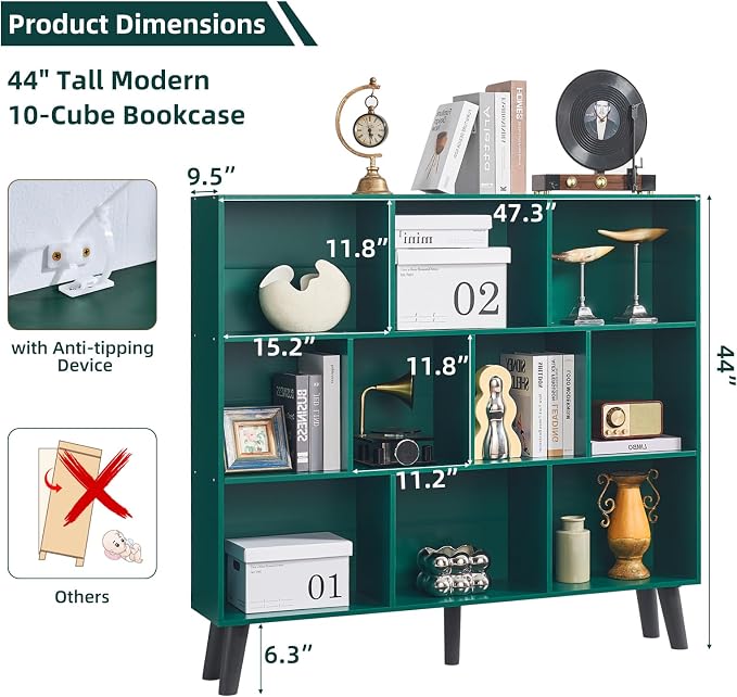 LEYAOYAO 10 Cube Bookshelf,3 Tier Modern Wide Bookcase with Legs,Mid-Century Wood Bookshelves Storage,Dark Green Large Book Case,Freestanding Organizer Display Shelf for Bedroom,Living Room,Office