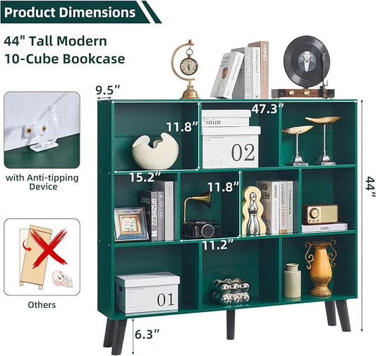 LEYAOYAO 10 Cube Bookshelf,3 Tier Modern Wide Bookcase with Legs,Mid-Century Wood Bookshelves Storage,Dark Green Large Book Case,Freestanding Organizer Display Shelf for Bedroom,Living Room,Office