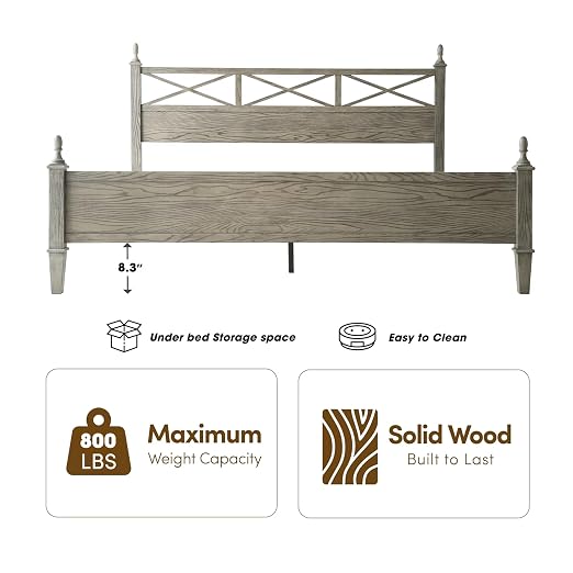 King Size Platform Bed Frame with Solid Wood Headboard & Footboard, 12 Heavy-Duty Slatted, Metal Legs, Anti-Slip & Noise-Free, Easy Assembly, No Box Spring Needed, Weathered Gray Oak Finish RIK-34