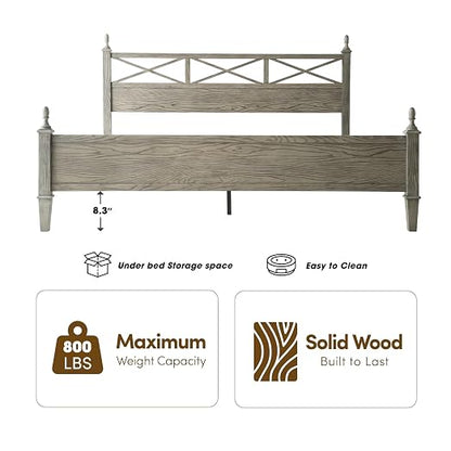 King Size Platform Bed Frame with Solid Wood Headboard & Footboard, 12 Heavy-Duty Slatted, Metal Legs, Anti-Slip & Noise-Free, Easy Assembly, No Box Spring Needed, Weathered Gray Oak Finish RIK-34