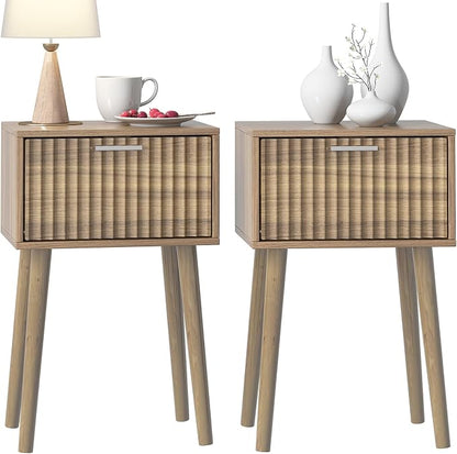 LAATOOREE Nightstands Set of 2, Small Size Side End Table, Bedside Table with Fluted Door, Solid Wood Feet; for Bedroom, Small Bed