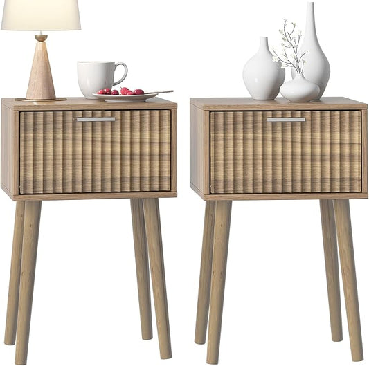 LAATOOREE Nightstands Set of 2, Small Size Side End Table, Bedside Table with Fluted Door, Solid Wood Feet; for Bedroom, Small Bed