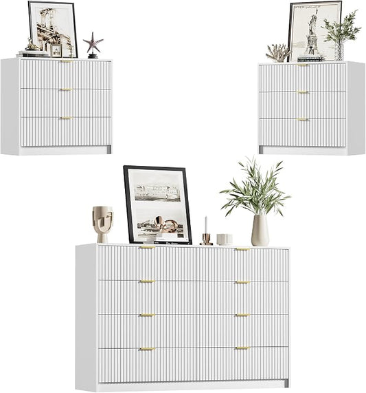 Furniway White Dresser Bedroom Set 3 Pieces, Nightstands Sets of 2, 8 Drawer Dresser with Gold Handles for Bedroom