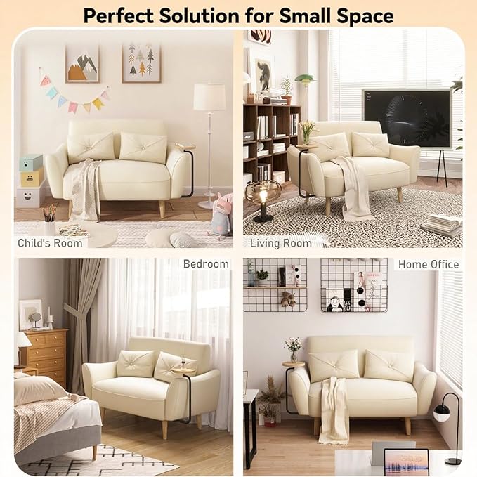 Brelice Loveseat Sofa, 47" Velvet Couch for Bedroom, Convertible Wooden Tray & Ergonomic Armrest, for Small Space, Apartment, Living Room, Home Office, Easy Assembly, Beige