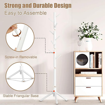 Aliphon Wooden Coat Rack Stand, Freestanding Coat Rack with 8 Hooks, 3 Adjustable Size Coat Tree for Hats, Coats, Scarves bags, Coat Hanger Stand Used in Bedroom/Office/Entryway （White）