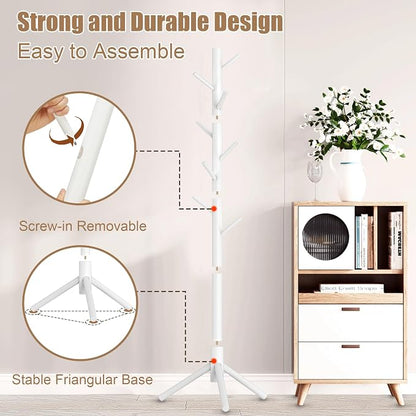 Aliphon Wooden Coat Rack Stand, Freestanding Coat Rack with 8 Hooks, 3 Adjustable Size Coat Tree for Hats, Coats, Scarves bags, Coat Hanger Stand Used in Bedroom/Office/Entryway, 2 PCS (White)