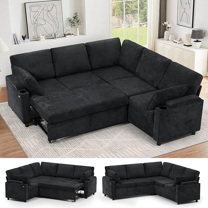 85" Chenille Sectional Sofa w/Pull Out Bed & Storage Space, Black | Upholstery L Shaped Couch w/Cup Holders, Modern Corner Sofa w/USB Charging Port & Throw Pillow for Living Room