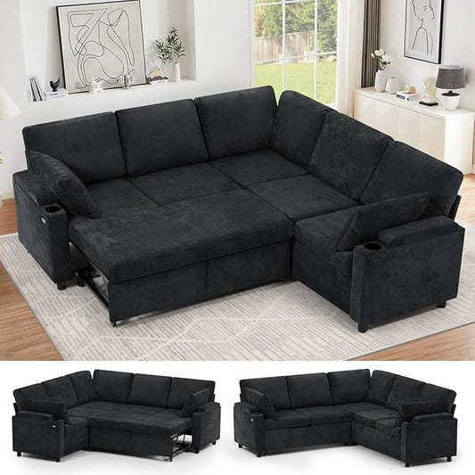 85" Chenille Sectional Sofa w/Pull Out Bed & Storage Space, Black | Upholstery L Shaped Couch w/Cup Holders, Modern Corner Sofa w/USB Charging Port & Throw Pillow for Living Room