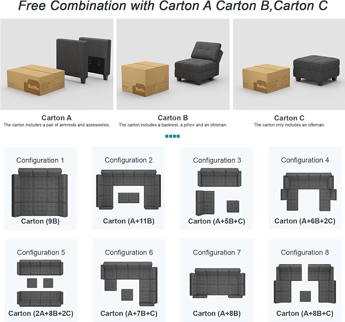 Belffin Modular U Shaped Sectional Sofa Couch with Reversible Chaises 6-seat Sectional Couch with Storage Seat Modular Sectional Set with Ottomans Dark Grey