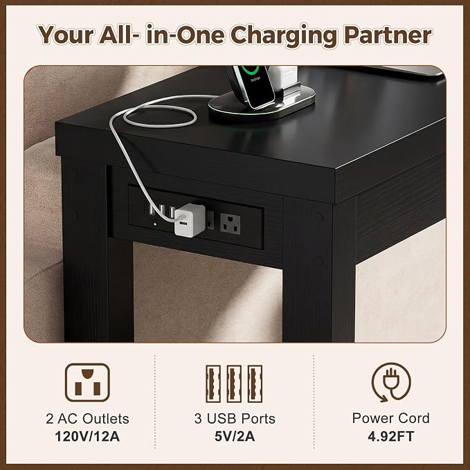 Cyclysio 63" Console Table with Charging Station, 13.8" Deep Farmhouse Sofa Table Behind Couch with 2 AC Outlets & 3 USB Ports, Long Entryway TV Console or Home Office Desk, Black