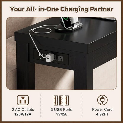 Cyclysio 63" Console Table with Charging Station, 13.8" Deep Farmhouse Sofa Table Behind Couch with 2 AC Outlets & 3 USB Ports, Long Entryway TV Console or Home Office Desk, Black