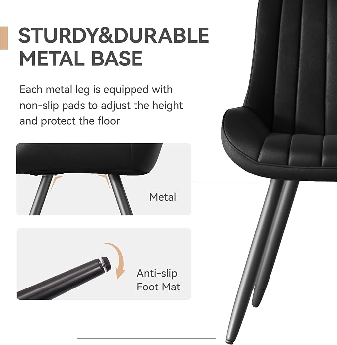 Dining Chairs Set of 6, Faux Leather Mid Century Modern Kitchen Chairs with Soft Cushion, Comfortable Upholstered Dining Room Chairs for Kitchen, Black