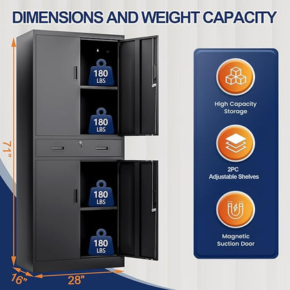 BESFUR Metal Storage Cabinet with a Drawer 4 Doors and 2 Adjustable Shelves Garage Storage Cabinet with Lock 71" Office Storage Cabinets Locking Cabinets for Garage Office Shop Home (Black)