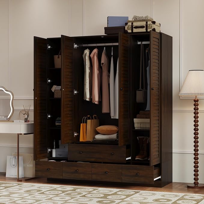 Wardrobe Armoire with 4 Louvered Doors, Wardrobe Closet for Bedroom with Hanging Rod & 5 Drawers, Bedroom Armoire Dresser Clothes Organizer, Dark Walnut (59.1" W x 19.1" D x 70.5" H)