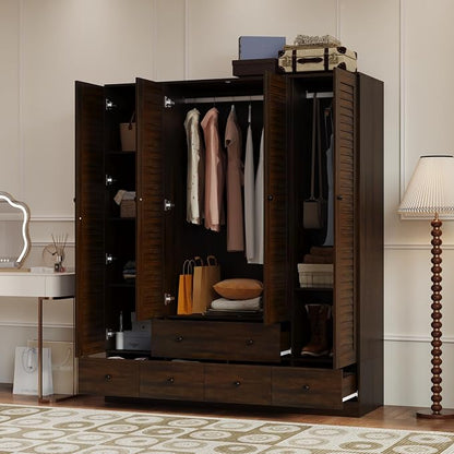 Wardrobe Armoire with 4 Louvered Doors, Wardrobe Closet for Bedroom with Hanging Rod & 5 Drawers, Bedroom Armoire Dresser Clothes Organizer, Dark Walnut (59.1" W x 19.1" D x 70.5" H)