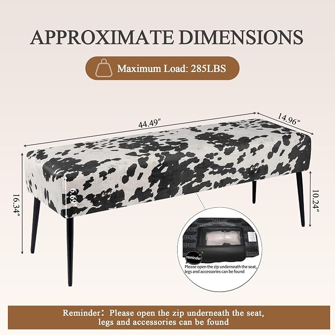 DUHOME Velvet Bench Ottoman, Upholstered Bedroom Benches Cow Print End of Bed Bench with Black Metal Base for Entryway Dining Room Living Room Bedroom, Black