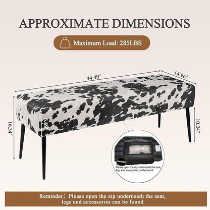 DUHOME Velvet Bench Ottoman, Upholstered Bedroom Benches Cow Print End of Bed Bench with Black Metal Base for Entryway Dining Room Living Room Bedroom, Black