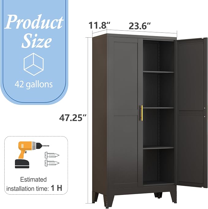 Black Metal Storage Cabinet, 48" Steel Cabinets for Home Office | Kitchen Pantry Storage Cabinet with Doors and 3 Adjustable Shelves, for Office, Home, Garage, School
