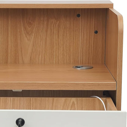 Reception Desk with Counter LED Light, Modern Front Desk with Lockable Drawer, Retail Checkout Counter for Clothing Store Lobby Beauty Salon, Oak Color