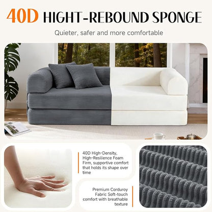 79'' Convertible Sofa Bed, Boneless Couch-in-a-Box, Corduroy Floor Futon Loveseat Sleeper, 26'' Deep Seat, Removable Machine-Wash Covers, No Assembly, 2 Pillows, Dark Grey