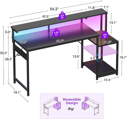 AODK 55 Inch Gaming Desk with LED Lights, Computer Desk with Storage Shelves, Reversible Desk with Monitor Stand, Carbon Fiber Black