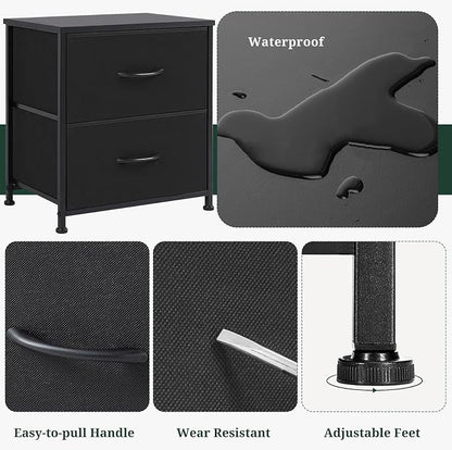Nightstand Set of 2 Upgraded, Small 2 Drawer Dresser End Table Bedside Furniture, Wooden Top Fabric Bins for Bedroom, Closet, Entryway, Dorm, 11.8" D x 18" W x 20", Black