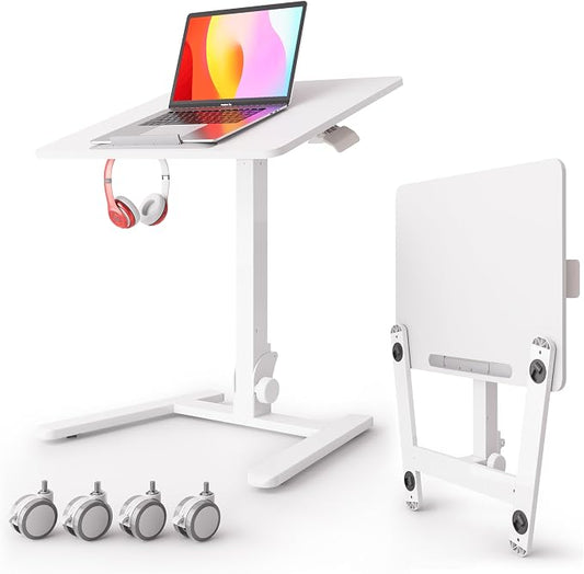 Monomi Mobile Folding Desk 25.6 Inch, Small Sit-Stand Height Adjustable Rolling Laptop Desk, Space-Saving Portable Desk with Wheels for Home Office Craft & Study, White