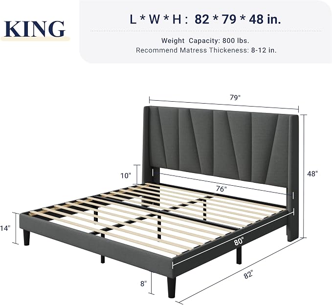 Allewie King Size Platform Bed Frame with Geometric Wingback Headboard, Boho Upholstered Bed with Wooden Slats Support, No Box Spring Needed, Easy Assembly, Dark Grey