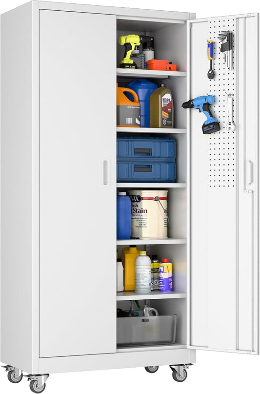 SUXXAN Metal Storage Cabinet with Wheels and Pegboard, 71" Tall Industrial Steel Cabinet with 5 Adjustable Shelves & Locking Doors, Rolling Garage Storage Cabinet for Office, Pantry, Home