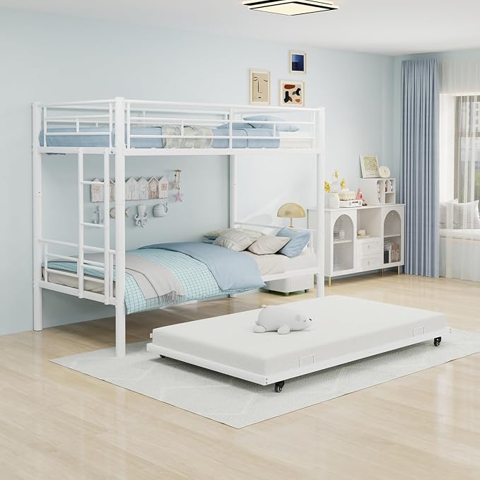 Metal Bunk Bed with Trundle, Space-Saving Bunk Bed Twin Over Twin with Ladders and Safety Guardrail, Heavy Duty Twin Bed Frames, No Box Spring Needed and Noise Free(White)