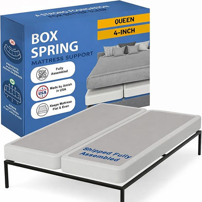 Greaton, Box Spring Bed Base Queen Size, 4-Inch Wood Mattress Foundation – Amish Made in USA – Quiet Noise Free, 2-Pieces Under Mattress-Support BoxSpring, Fully Assembled, White