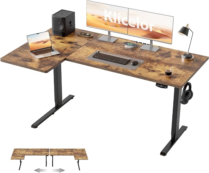 Klicelor L Shaped Standing Desk, 55 Inch Electric Height Adjustable Desk with Memory Preset, Reversible Sit Stand Up Computer Workstation for Home Office, Splice Board, Rustic Brown