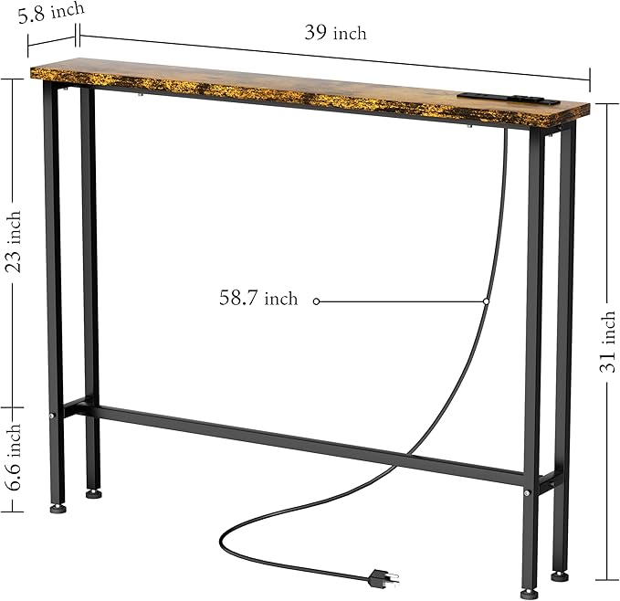 Keelian 39" Sofa Table Narrow Long with Power Outlets & 2 USB Ports, Metal Frame Behind Couch Table Behind Sofa Perfect for Hallway, Living Room, Entrance Easy Assembly, 4.9' Extension Cord Included