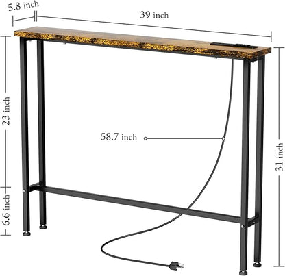 Keelian 39" Sofa Table Narrow Long with Power Outlets & 2 USB Ports, Metal Frame Behind Couch Table Behind Sofa Perfect for Hallway, Living Room, Entrance Easy Assembly, 4.9' Extension Cord Included
