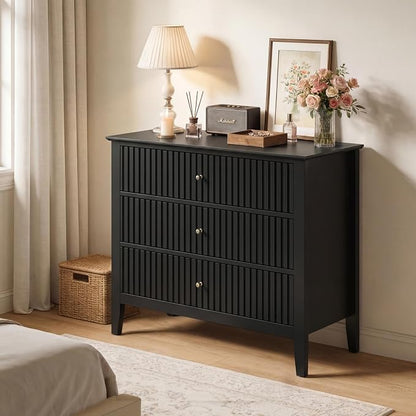 RoyalCraft 32" Large Nightstand, Fluted Painted Bedside Table with 3 Spacious Drawers, Modern Tall End Table for Bedroom, Black