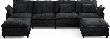 150.6" Chenille Modular Sectional Sofa, Convertible U Shaped Modular Sofa Comfy Cloud Couch with Ottoman, Side Pockets and 6 Throw Pillows for Living Room Black, 6 Seats