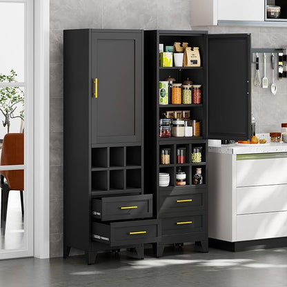 Metal Tall Narrow Storage Cabinet, Freestanding Floor Cabinet with Drawers and Adjustable Shelves, Pantry Storage Cabinet for Bathroom, Living Room, Entryway and Kitchen