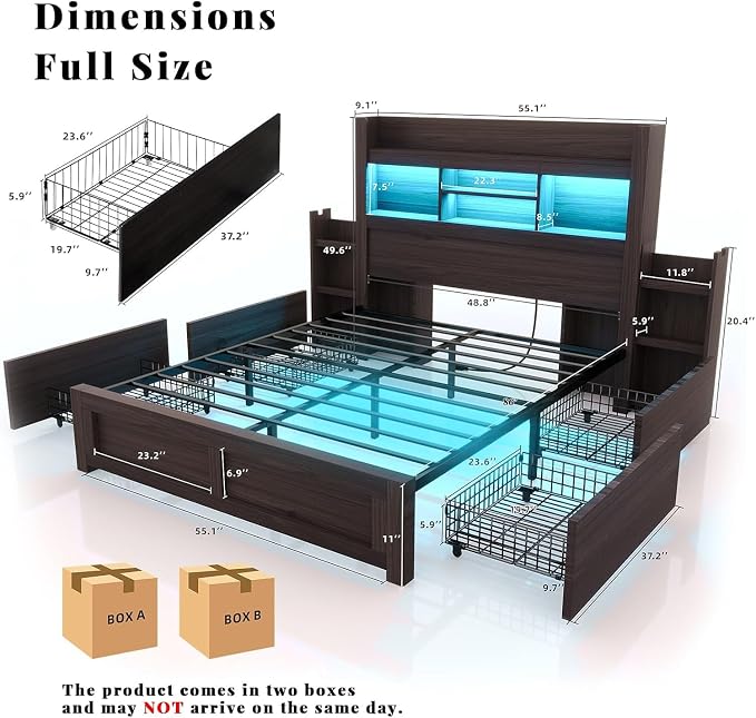 LUXOAK Full Bed Frame with 49.6" Bookcase Headboard & 2 Bedside Stoage Racks & 4 Drawers, Farmhouse Wood Bed Frame with RGB LED & Charging Station, No Box Spring Needed, Black