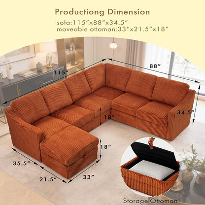 115 Inches Corduroy Sectional Sofa with Storage Ottoman, Modern 7 Seats Corner Couch with Deep Seat, Comfy Modular U Shaped Couch with Comfortable Cushions for Living Room, Orange
