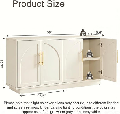Fatmok Buffet Cabinet with Storage, 59'' Modern Arched Sideboard Cabinet w/Adjustable Shelves, Wood Media TV Console Table Credenza for Living Room Hallway Entryway, Beige(Not White)