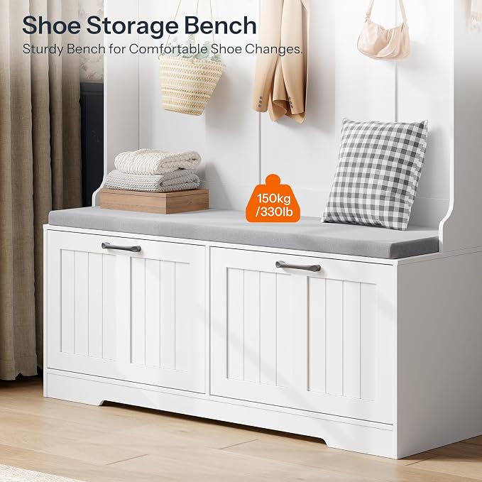 HOOBRO Hall Tree with Bench, 47.2" Hall Tree with Shoe Storage | Entryway Coat Rack, Shoe Bench with Storage, Farmhouse Hall Tree, 9 Coat Hooks, Adjustable Shelves, for Hallway, White