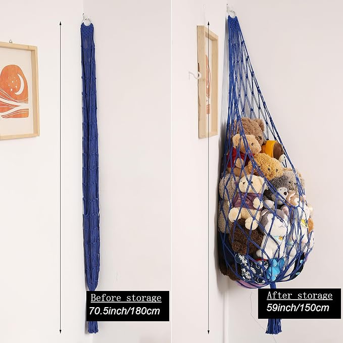 Amdermi Stuffed Animal Storage Toy Hammock Corner Hanging Net for Stuff Animal Storage Macrame Toy Display Plushie Toy Holder-Wall Hanging Net for Kid Bedroom Decor Playroom Organizer (Blue XL)