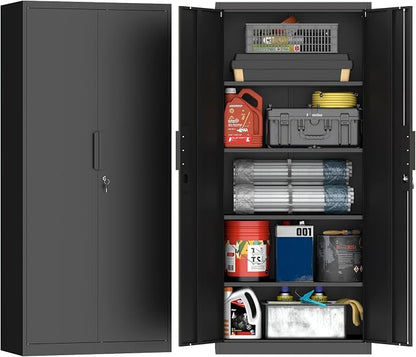 GREATMEET Metal Garage Storage Cabinets with Lock Door and Adjustable Shelves, 71'' x 32'' x 17'' Black Steel Tool Cabinets for Home Office Warehouse