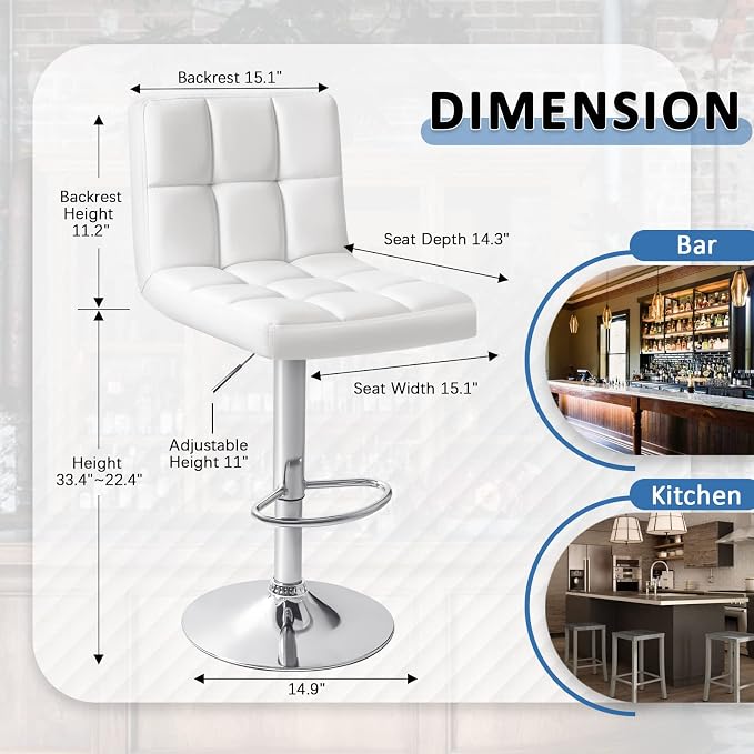 Homall Bar Stools Modern PU Leather Adjustable Swivel Barstools, Armless Hydraulic Kitchen Counter Bar Stool Extra Height Square Island Barstool with Back Set of 4 (Leather, White 4 Pcs)