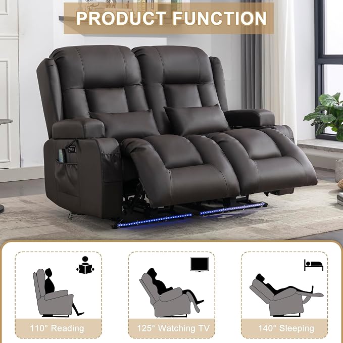 URRED Power Loveseat Recliner Sofa with Massage and Heat, Wall Hugger Reclining Loveseat, RV Couch Home Theater Seating with LED Lights for Living Room (Dark Brown, 54" - 2 Seats)