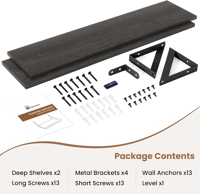 Axeman 40 Inch Floating Shelves, 8'' Deep Black Wall Shelves Set of 2, Rustic Wood Bookshelf, Floating Shelves for Bathroom Living Room Home Office Kitchen