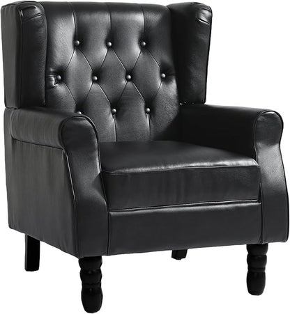 Faux Leather Accent Chairs Set of 2, High Back Upholstered Armchair for Living Room, Wingback Chair Comfy Single Sofa Bedroom Reading Seat with Solid Wood Legs - Black