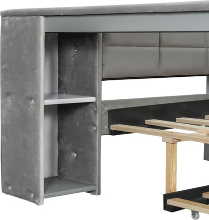 Bellemave Full Corner Bed Frame with Trundle and Storage Shelves and Desk, Wood Full Size Upholstered Daybed with Trundle and Charging Station, Gray